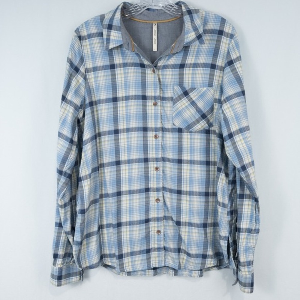 Kuhl Trailside Plaid Button Up Shirt Womens Large Vista Blue Western Granola